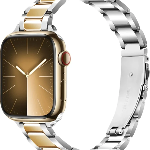 Úzký ocelový článkový náramek pro Apple Watch 42mm 44mm 45mm Slim - Lesklá stříbrná a Zlatá