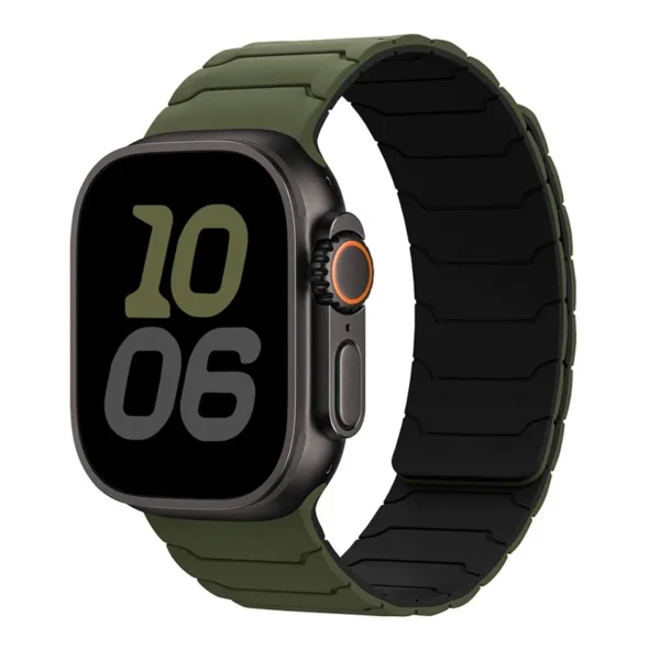 Bracelet en silicone à fermoir magnétique pour Apple Watch Series 12/11/10 46mm Magnet Sport - Olive et Noir
