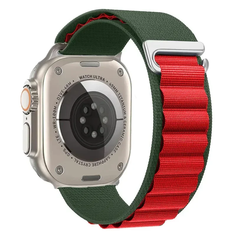 Correa Loop Alpine de nailon para Apple Watch Series 12/11/10 42mm Alpine - Verde y Rojo