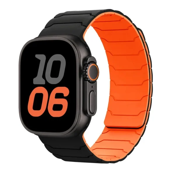 Magnetic Silicone Band for Apple Watch Series 12/11/10 46mm Magnet Sport - Black and Orange (design 2)